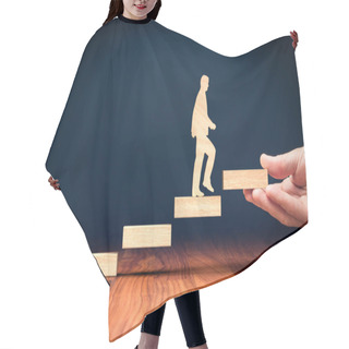 Personality  Coach Motivating To Personal Development, Success And Career Growth Concept. Wooden Person On Stairs. Hair Cutting Cape