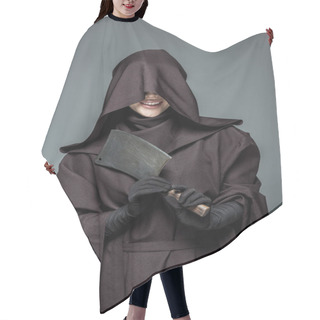 Personality  Smiling Woman In Death Costume Holding Cleaver Isolated On Grey Hair Cutting Cape