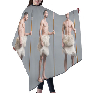 Personality  Collage Of Muscular Caveman With Spear On Grey, Evolution Concept  Hair Cutting Cape