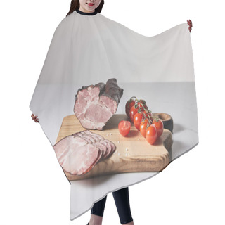Personality  Tasty Ham On Cutting Board With Salt And Cherry Tomatoes On White Marble Surface Isolated On Grey Hair Cutting Cape