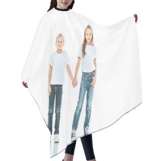 Personality  Cute Kids Holding Hands And Standing In Blue Jeans On White  Hair Cutting Cape