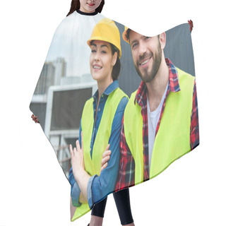 Personality  Professional Engineers In Hardhats And Safety Vests On Roof Hair Cutting Cape