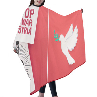 Personality  Collage Of White Dove As Symbol Of Peace, Placards With Stop War In Syria And Make Love Not War Lettering On Red Background Hair Cutting Cape