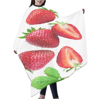 Personality  Strawberry With Strawberries Leaves And Slices Isolated On A White Background. Berries Are Flying In The Air. Clipping Path. Hair Cutting Cape