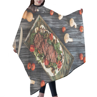 Personality  Top View Of Delicious Cooked Steak With Vegetables, Fork With Knife And Spices On Wooden Table   Hair Cutting Cape