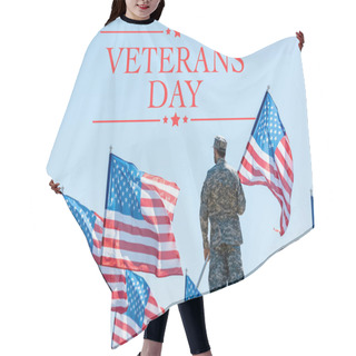 Personality  Man In Military Uniform And Cap Standing And Holding American Flag With Veterans Day Illustration Hair Cutting Cape