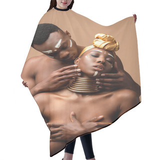 Personality  Tender Naked Tribal Afro Couple Posing Isolated On Beige Hair Cutting Cape