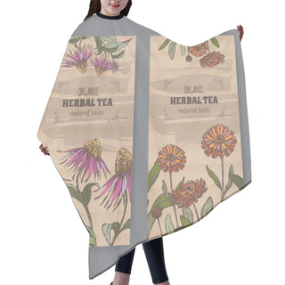 Personality  Two Color Vintage Labels For Calendula And Echinacea Herbal Tea.  Hair Cutting Cape