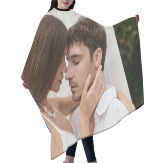 Personality  Couple Chemistry, Portrait Of Beautiful Woman Hugging Man Near White Tulle Of Pavilion On Beach Hair Cutting Cape