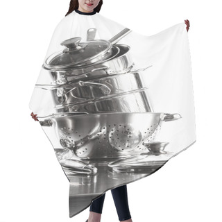 Personality  Stack With Stainless Steel Pots And Pans On White Hair Cutting Cape