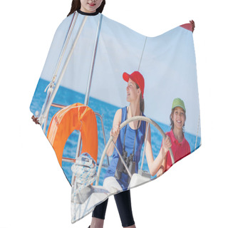 Personality  Boy Captain With His Sister On Board Of Sailing Yacht On Summer Cruise. Travel Adventure, Yachting With Child On Family Vacation. Hair Cutting Cape