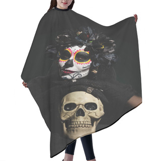 Personality  Woman In Mexican Day Of Death Costume Looking At Camera Near Skull Isolated On Black  Hair Cutting Cape