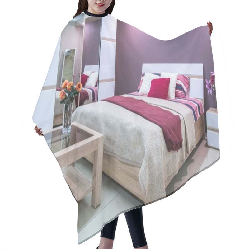 Personality  cozy modern bedroom interior in purple tones hair cutting cape