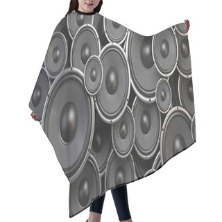 Personality  Acoustic Sound Speakers Background. Black Subwoofers Of Differen Hair Cutting Cape