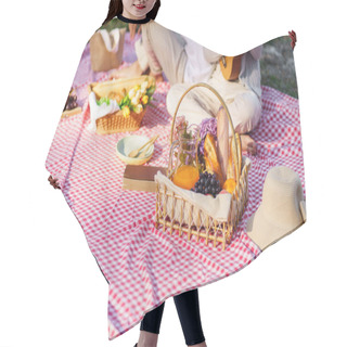 Personality  Picnic Lunch Meal Outdoors Park With Food Picnic Basket. Enjoying Picnic Time In Park Nature Outdoors Hair Cutting Cape