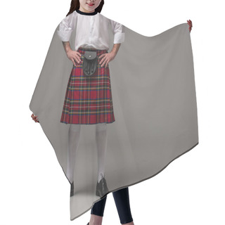 Personality  Cropped View Of Scottish Man In Red Kilt With Hands On Hips On Grey Background Hair Cutting Cape