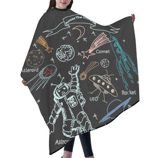 Personality  Hand Drawn Vector Illustration. Astronaut And Space Objects. Hair Cutting Cape