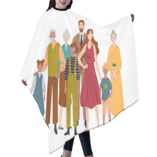 Personality  Portrait Of Large Family. Mother, Father, Children, Grandmother, Grandfather. Hair Cutting Cape