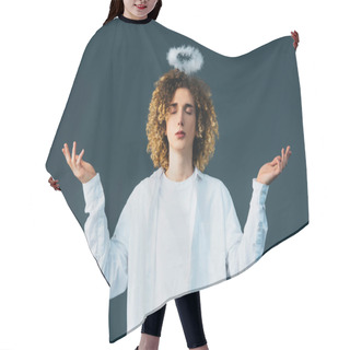 Personality  Curly Teenager In Angel Costume With Halo Above Head, Closed Eyes And Outstretched Hands Isolated On Green Hair Cutting Cape