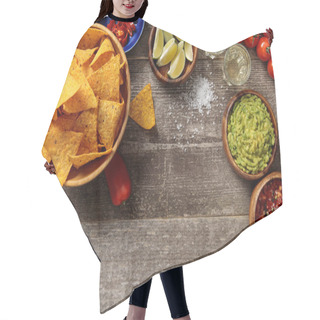 Personality  Top View Of Mexican Nachos Served With Guacamole And Salsa On Weathered Wooden Table Hair Cutting Cape