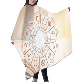 Personality  Zodiac Circle Against The Background Of An Open Book. Astrological Forecast For The Signs Of The Zodiac. Astrology, Esotericism, Secret Science Hair Cutting Cape