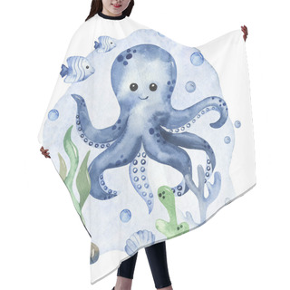Personality  Octopus, Fish, Shell, Coral, Seaweed. Watercolor Children's Composition Hair Cutting Cape