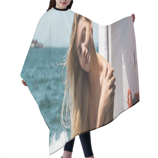 Personality  Cheerful And Blonde Woman With Bare Shoulders Looking At Camera While Crossing Bosporus On Ferry Boat, Banner Hair Cutting Cape