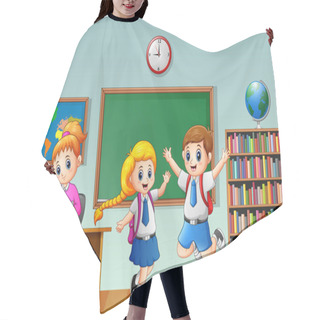 Personality  Happy School Kids In A School Uniform With Female Teacher At Classroom Hair Cutting Cape