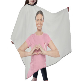 Personality  Happy Woman With Pink Ribbon, Grey Backdrop, Breast Cancer Awareness, Cancer Free, Heart Sign Hair Cutting Cape