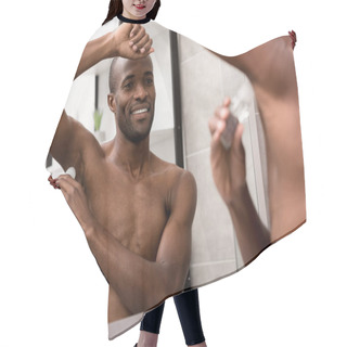 Personality  Smiling Bare-chested African American Man Applying Antiperspirant In Bathroom Hair Cutting Cape