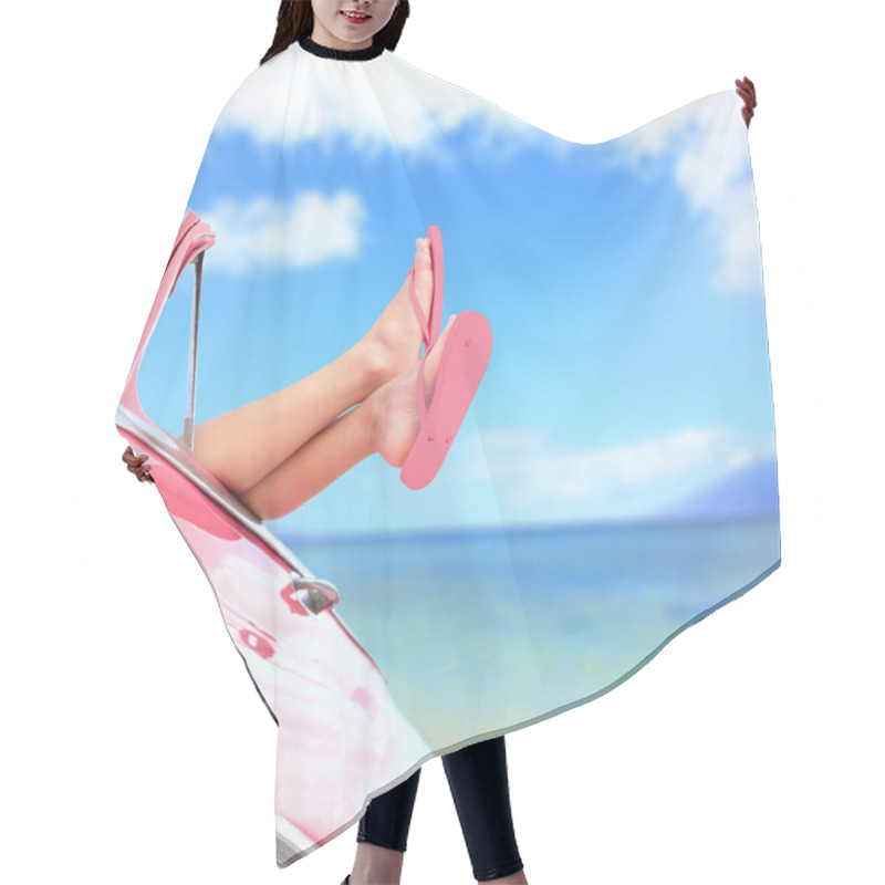 Personality  Woman Legs By Blue Sea Background In Car Hair Cutting Cape