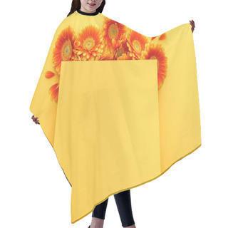 Personality  Top View Of Orange Gerbera Flowers With Petals With Blank Card On Yellow Background Hair Cutting Cape