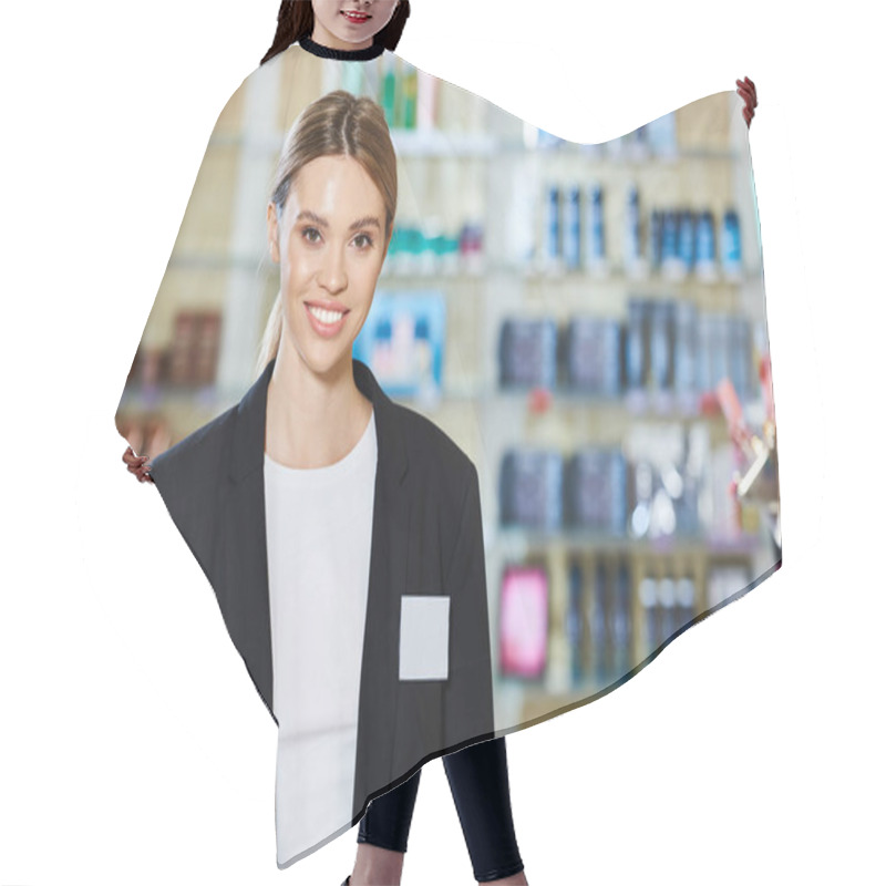Personality  Joyful Beautiful Elegant Saleswoman In Black Chic Blazer Smiling Happily At Camera In Store Hair Cutting Cape