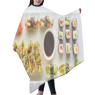 Personality  Close-up View Of Delicious Sushi Set With Ginger, Wasabi And Soy Sauce Isolated On White  Hair Cutting Cape
