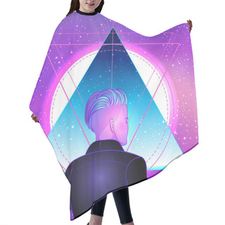 Personality  Portrait Of A Young Pretty Androgynous Woman With Short Shaved Pixie Undercut In Retro Futurism Style. Vector Illustration In Neon Bright Colors. Blue Short Hair. Futuristic Synth Wave Hair Cutting Cape