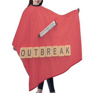 Personality  Top View Of Outbreak Lettering On Wooden Cubes And Test Tube With Blood Sample On Red Background Hair Cutting Cape