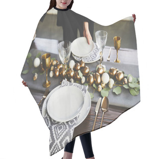 Personality  Cropped Image Of Waiter Serving Easter Table In Restaurant Hair Cutting Cape