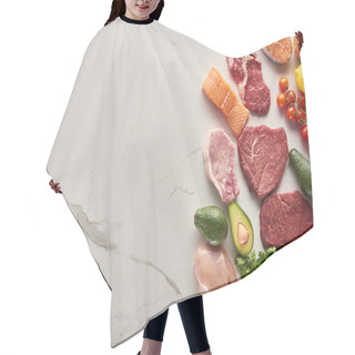 Personality  Top View Of Assorted Meat, Poultry And Fish Near Parsley, Grapes, Cherry Tomatoes, Avocados, Apple And Lemon On Gray Marble Surface Hair Cutting Cape
