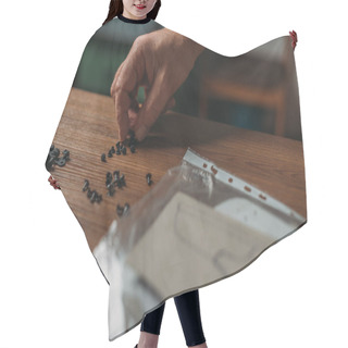 Personality  Cropped View Of Shoemaker Taking Rivets From Wooden Desk Hair Cutting Cape