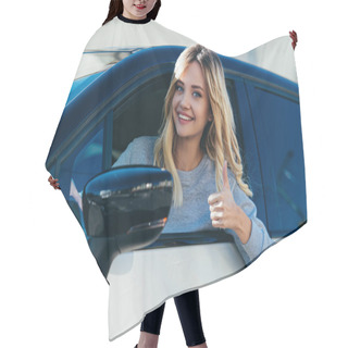 Personality  Portrait Of Blond Smiling Woman Showing Thumb Up While Driving Car Hair Cutting Cape