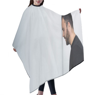 Personality  Panoramic Shot Of Depressed Bearded Man Standing By White Wall With Closed Eyes Hair Cutting Cape