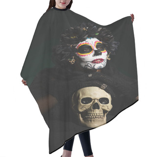 Personality  Woman In Mexican Day Of Dead Makeup Holding Skull On Dark Green Background  Hair Cutting Cape