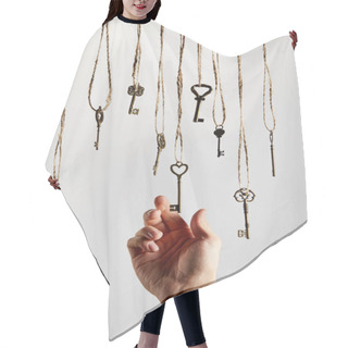 Personality  Cropped View Of Man Touching Vintage Keys Hanging On Ropes Isolated On White Hair Cutting Cape