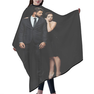 Personality  Attractive Woman In Dress Stand Near Bearded Man On Black  Hair Cutting Cape