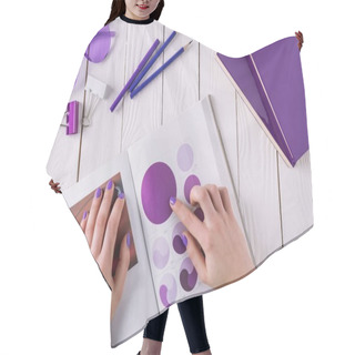 Personality  Cropped Shot Of Woman Pointing At Design Book At Workplace Hair Cutting Cape