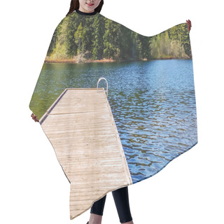 Personality  Empty Wooden Dock With Metal Ladder On Water Near Trees. Hair Cutting Cape