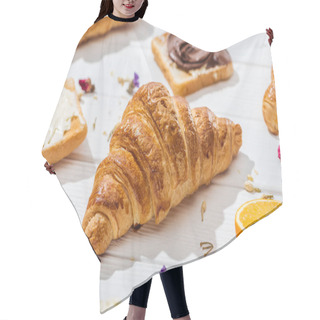 Personality  Selective Focus Of Croissant Near Toast With Chocolate Cream On White  Hair Cutting Cape