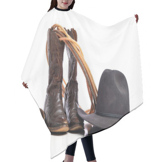 Personality  Western Boots And A Lap Or Lariat Rope And Spurs And A Cowboy Hat On A White Background Hair Cutting Cape
