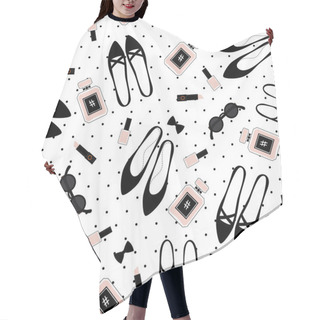 Personality  Cute Fashion Illustration With Black Shoes, Pink Lipstick, Nail Polish, Perfume, Sunglasses On Polka Dots Background. Hair Cutting Cape