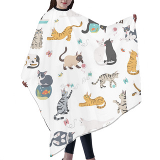 Personality  Cartoon Cat Characters Seamless Pattern. Different Cat`s Poses,  Hair Cutting Cape